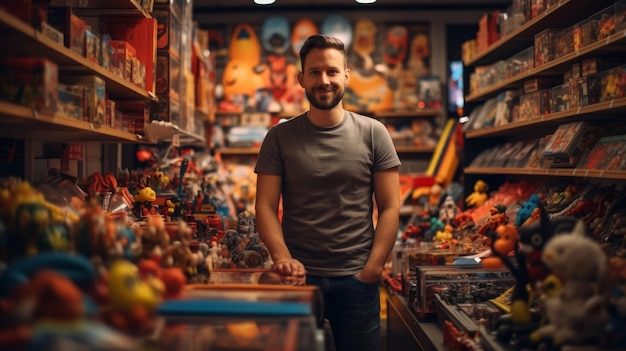 a man standing in front of a shelf full of toys