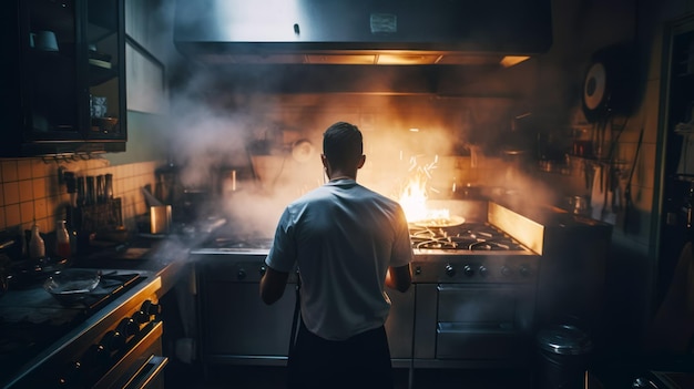 Man standing in front of stove with smoke coming out of it Generative AI