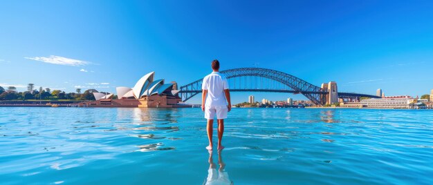 Man Standing in Front of Sydney Opera House and Harbour Bridge