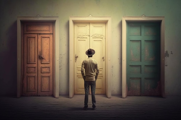 Man standing in front of three doors choosing right one choice concept generative AI