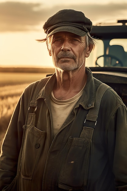 A man standing in front of a truck in a field AI generative image