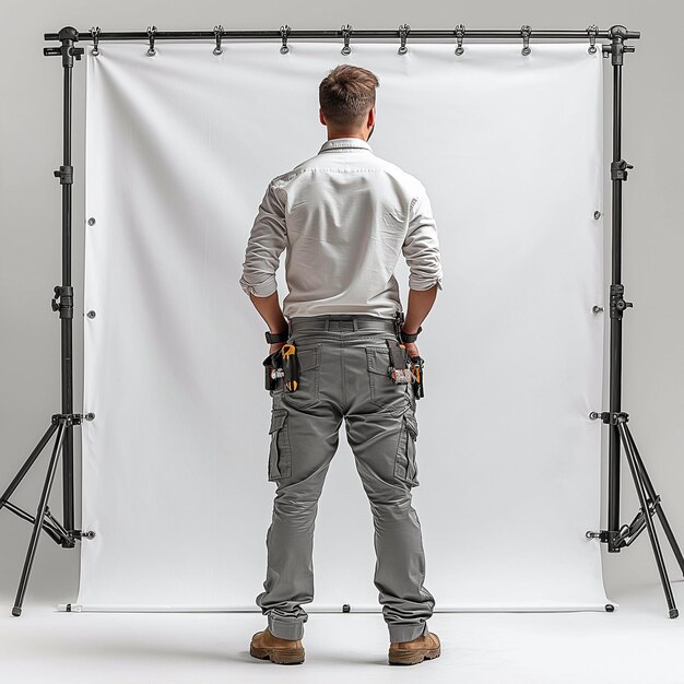 Photo a man standing in front of a white backdrop with a camera