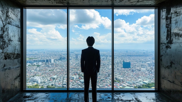 A man standing in front of a window gazing out at a bustling city