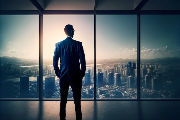 A man standing in front of a window looking at a cityscape