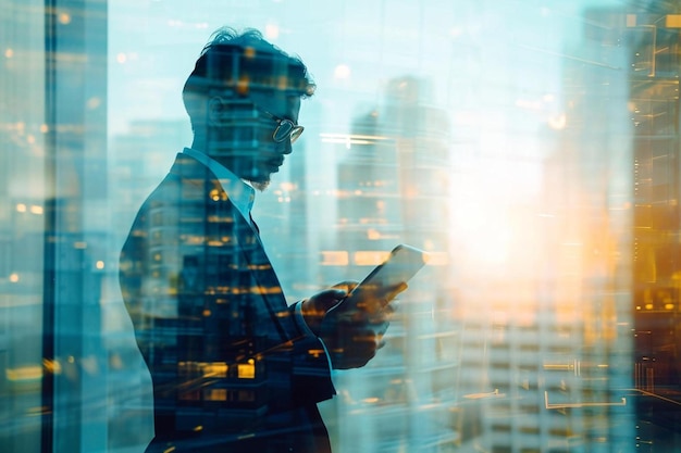 a man standing in front of a window looking at his cell phone