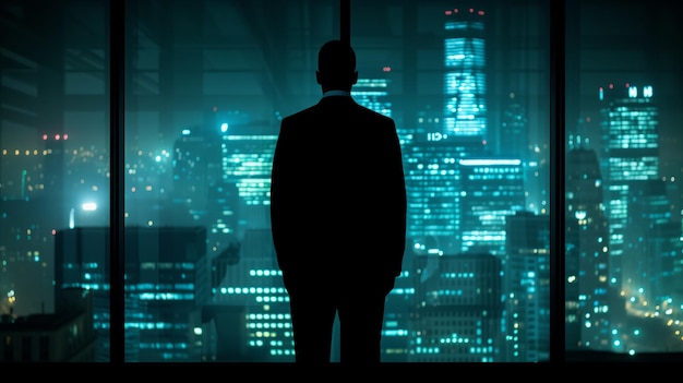 Man Standing in Front of Window Looking Out at Night City