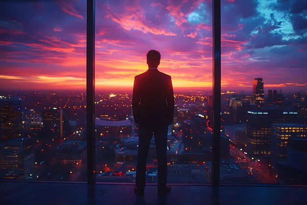 Man Standing in Front of Window Overlooking City Generative AI