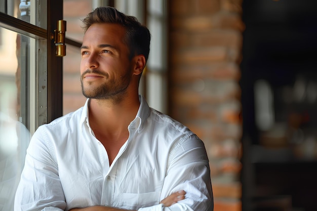 A man standing in front of a window with his arms crossed