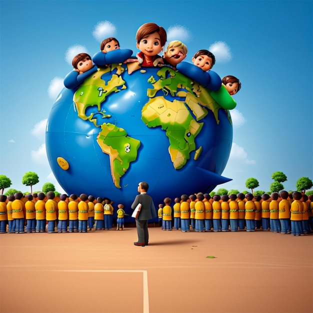 a man standing in front of a world that has a group of people around it