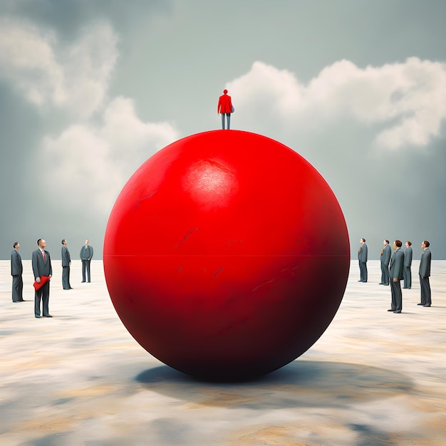 A man standing on a giant red ball with a cloudy sky behind him.