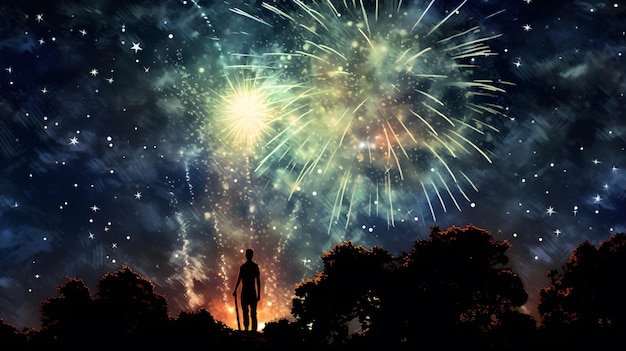 Photo a man standing on a hill watching fireworks with a silhouette of a man standing in front of him