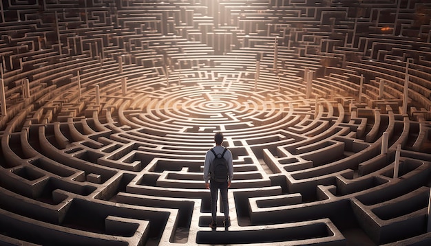 Man standing in a huge maze labyrinth hard life choice concept Generative AI