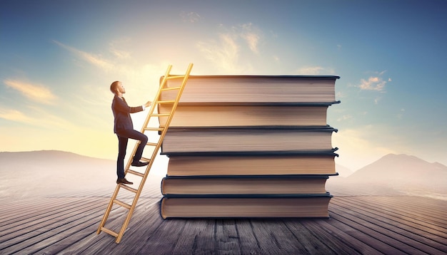 a man standing on a ladder that has a ladder on it