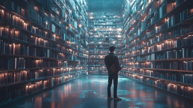 A Man Standing in a Library With an Infinite Number of Bookshelves