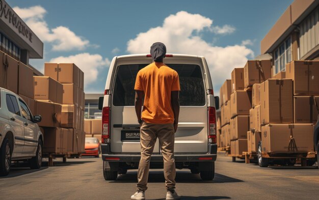 A man standing behind loading and unloading van