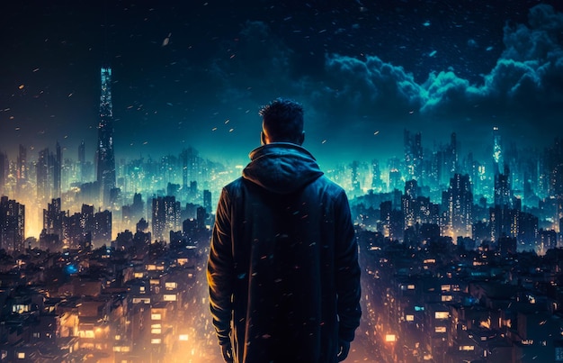 Man standing in the middle of city at night with city skyline in the background Generative AI