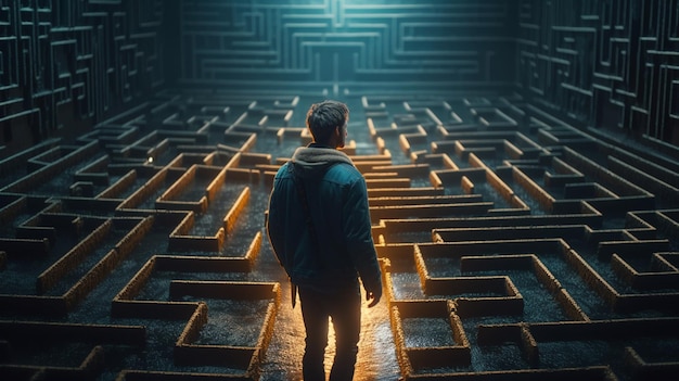 Man standing in the middle of a dark maze and looking at the waygenerative ai