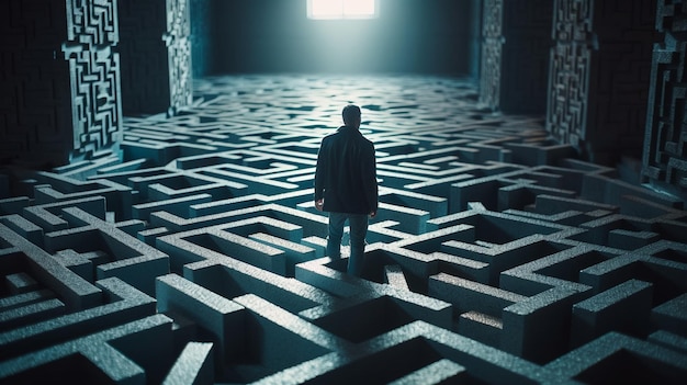 Man standing in the middle of a dark maze and looking at the waygenerative ai