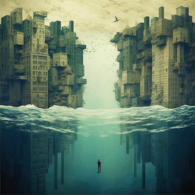 Man standing in the middle of a flooded city