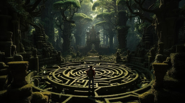 A man standing in the middle of a maze surrounded by trees