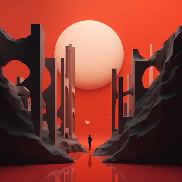 Man standing in the middle of a red desert 3D Rendering