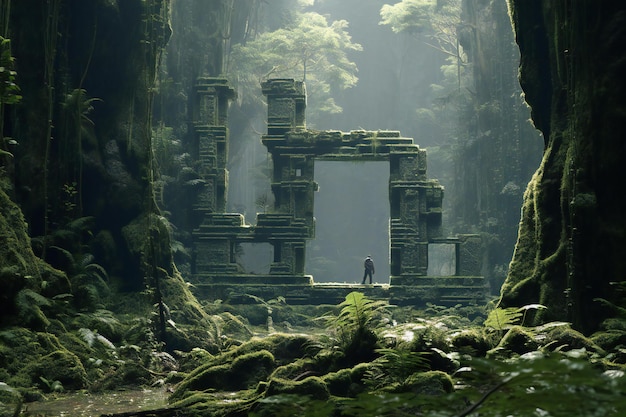 Man standing in the middle of the ruins of an ancient temple in the jungle