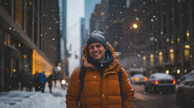 Man Standing in the Middle of a Snowy Street