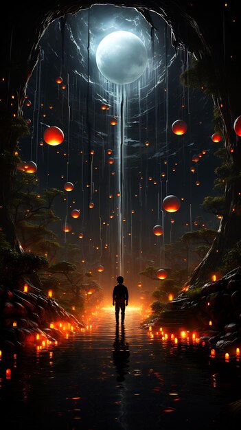 Man standing in the middle of tunnel of lanterns Generative AI