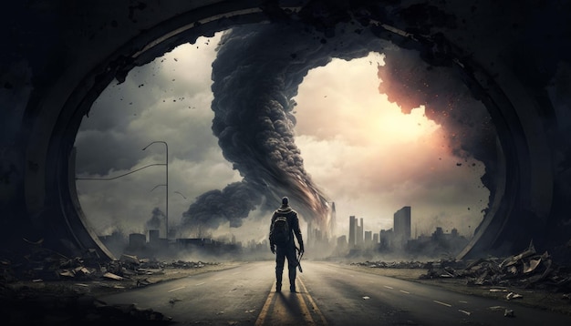 Man standing in the middle of tunnel with an explosion behind him Generative AI