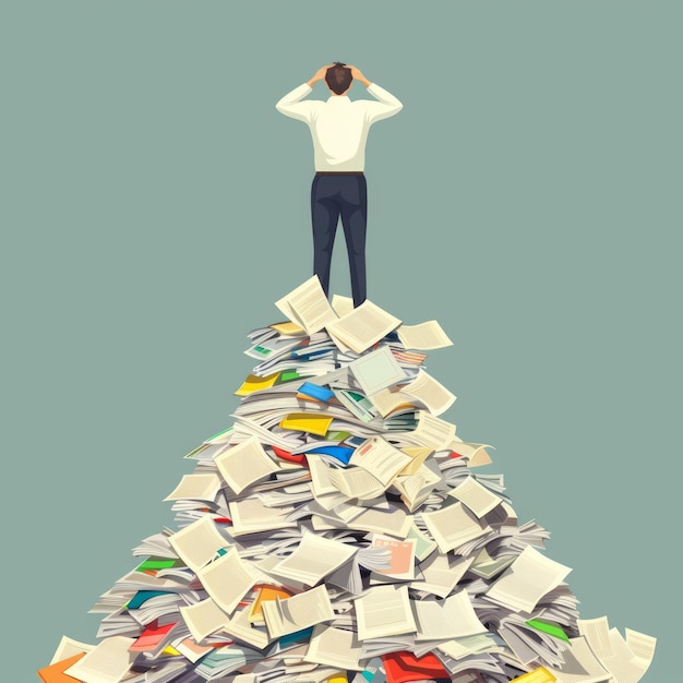 Photo man standing on a mountain of paperwork with hands on his head