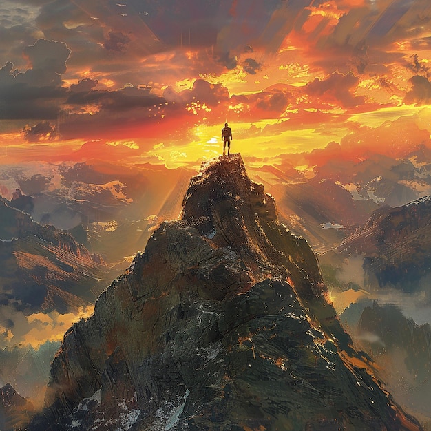 Man Standing on Mountain Peak at Sunset Generative AI