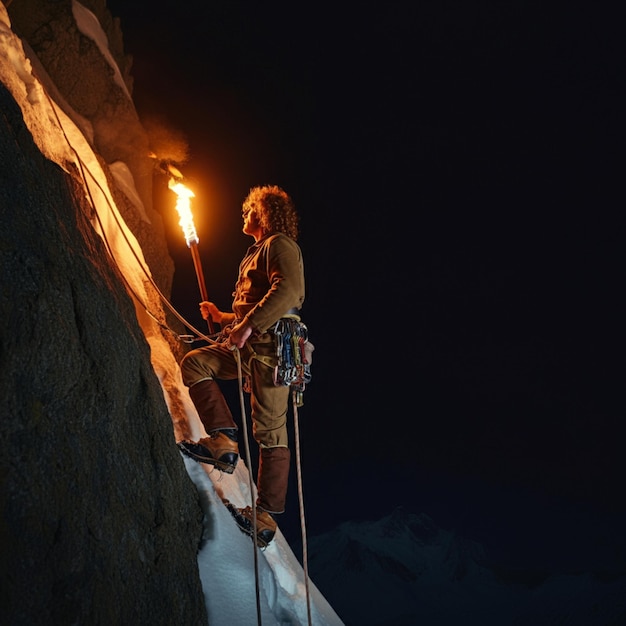 a man standing on a mountain with a torch in his hand