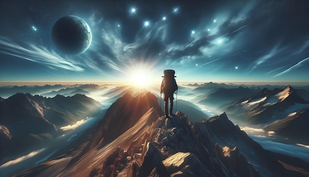 a man standing on a mountain with a woman standing on the edge of a mountain and the sun shining over the horizon