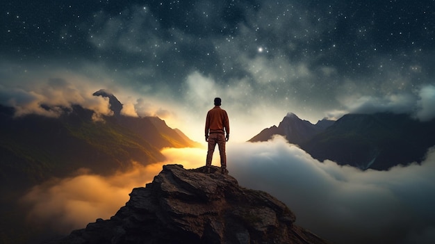 Man standing on mountaintop at night under clouds Generative AI