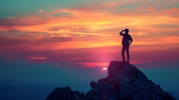 Photo a man standing on a mountaintop watching the sunset