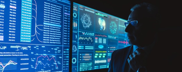 The man standing near the blue screen with charts in the dark room