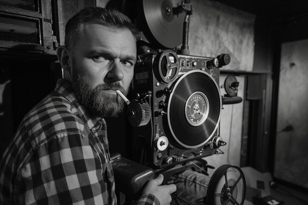 man standing near a film projector in the room projectionist