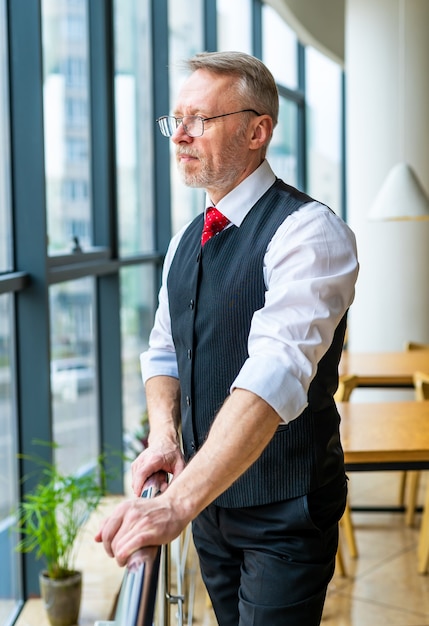 Man standing near window in modern room with high panoramic windows.