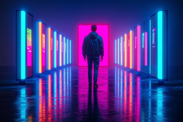 Photo man standing in a neon lit corridor with vibrant colors representing the futuristic integration of