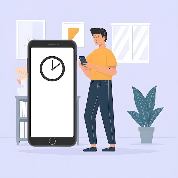 a man standing next to a phone with a clock on the screen simple and clean illustration simple ill