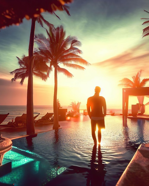 A man standing in a pool with palm trees in the background.