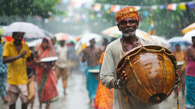 A man standing in the rain holding a drum in his hands