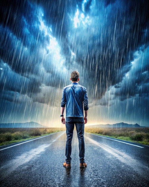 Photo man standing on a rainy road generative ai