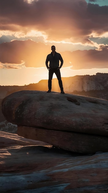 Photo man standing on rock agnst sky during sunset