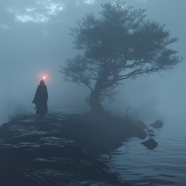 Photo a man standing on a rock with a light on his head