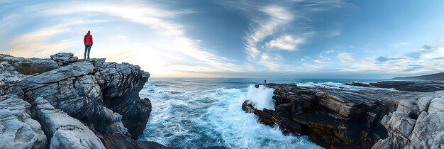 Photo man standing on rocky cliff overlooking ocean waves photo