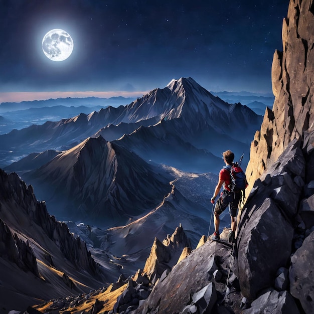 a man standing on a rocky mountain looking at the mountains in the full moon