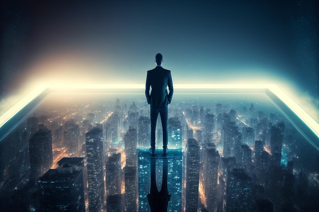 Man standing on a rooftop of a city with a blue sky and lights in the background