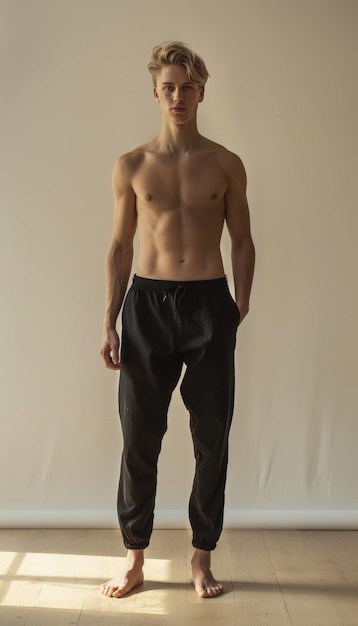 a man standing in a room with a bare torso