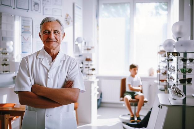 Man standing in a room with a doctor and a boy sitting in the background